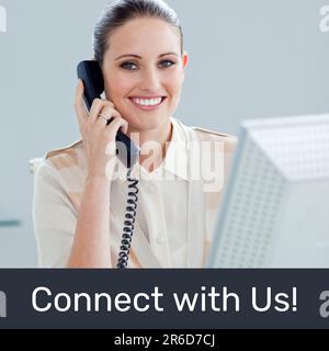 Composite of connect with us text and smiling caucasian businesswoman talking on telephone in office Stock Photo