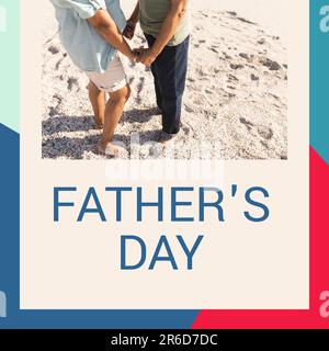 Composite of father's day text and biracial senior couple holding hands and standing at sandy beach Stock Photo