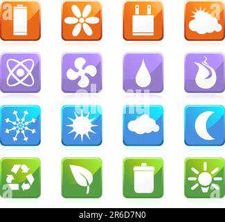 A set of 16 ecologically friendly shiny glossy web buttons - square style. Stock Vector