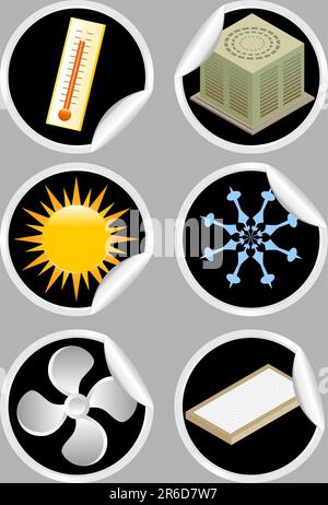 Set of six air conditioner related themed icons / stickers. Stock Vector