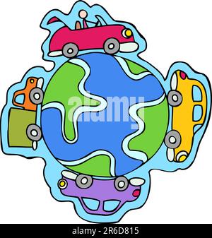 4 Cars Traveling around the Globe. Stock Vector