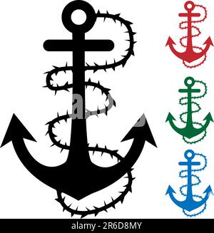 Set of anchors surrounded by barbed wire. Stock Vector
