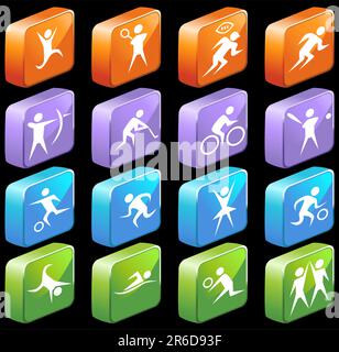 Collection of sixteen 3D sports related glossy buttons in a variety of colors. Stock Vector