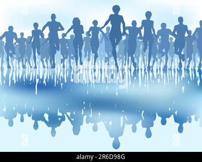 Editable vector illustration of a large group of people running with reflections Stock Vector