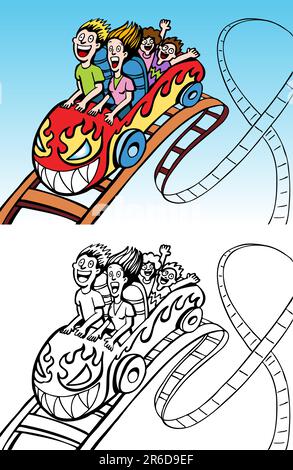 People scream at a theme park on a roller coaster - both color and black / white versions. Stock Vector