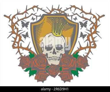 Skull with crown and red roses on the gloomy background Stock Vector