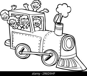 Group of children having fun riding in a train - black and white / no background. Stock Vector