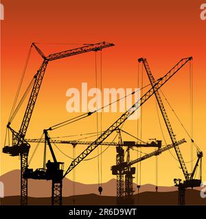 Lots of Tower Cranes on construction Site Stock Vector
