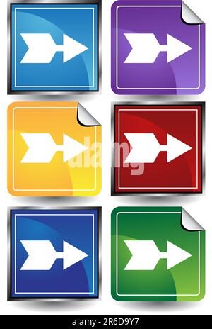 Set of 6 3D buttons - square and sticker style - arrow. Stock Vector