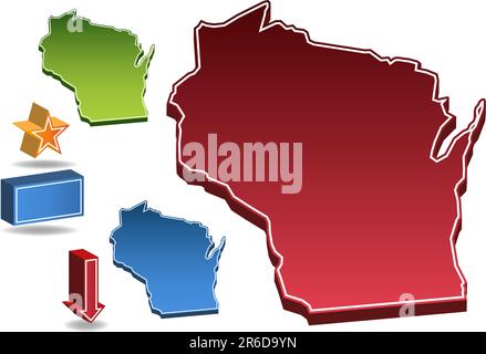 Set of 3D images of the State of Wisconsin with icons. Stock Vector