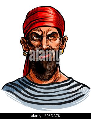 Angry pirate character. Hand-drawn ink on paper and hand colored on tablet Stock Photo