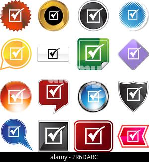 A set of 16 icon buttons in different shapes and colors - check mark. Stock Vector