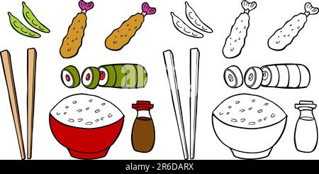 Cartoon image of a variety of different types of Asian food items - both color and black / white versions. Stock Vector