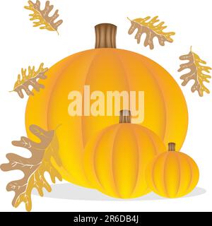 Set of pumpkins with falling autumn leaves. Stock Vector