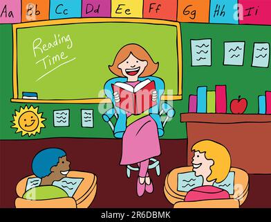 Female teacher gives a lecture to her elementary class on basic math in the classroom. Stock Vector