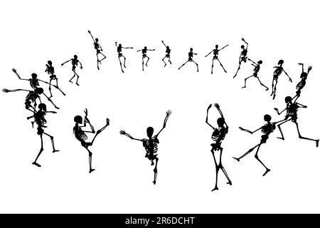 Editable vector skeleton silhouettes dancing in a ring with each skeleton as a separate object Stock Vector