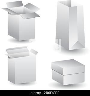 A set of 4 3D boxes and paper bag. Stock Vector