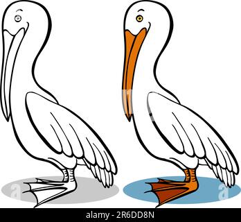 Cartoon image of a pelican - both color and black / white versions. Stock Vector