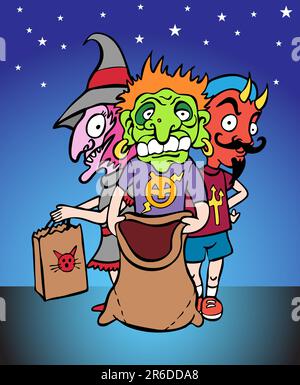 Three kids in costume dressed as a witch, monster and devil for Halloween - trick or treat. Stock Vector