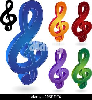 Set of 6 3D musical notes. Stock Vector