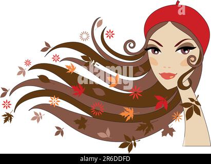 Woman with autumn leaves in her hair, vector Stock Vector