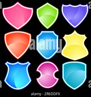 Set of 9 different shields in various colors. Stock Vector