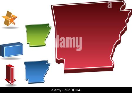 Set of 3D images of the State of Arkansas with icons. Stock Vector