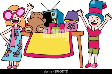 Two kids promote their yard sale. Stock Vector