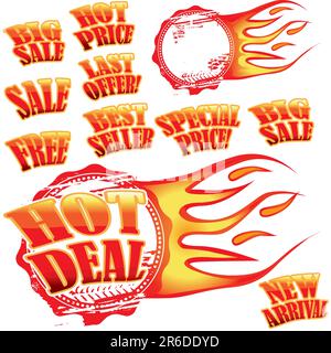 Set of hot vector sale stickers and rubber stamp with flames Stock Vector