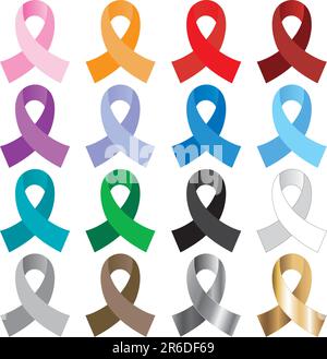 Vector Illustration of 16 awareness ribbons in red, gold, pink, silver, orange, blue, green, teal, purple, black, brown, gray, burgundy, white, lav... Stock Vector