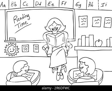 Female teacher gives a lecture to her elementary class on basic math in the classroom - black and white version. Stock Vector