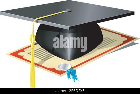 Graduation Mortar Board and diploma with seal and ribbon Stock Vector