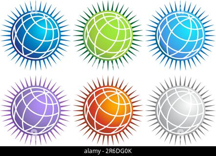 Globe icon button in 6 different colors - spike style. Stock Vector