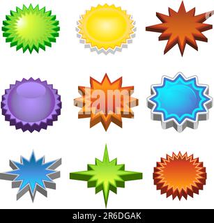 Set of nine colorful starburst labels in a raised 3D format. Stock Vector