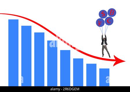 Have you got airbags in case of a market crash. a businessman holding on to a bunch of cryptocurrency balloons on top of a graph against a white Stock Photo