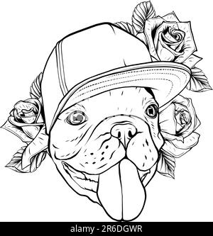 monochrome Hand draw portrait of pug wearing a wreath of flowers. Vector illustration Stock Vector