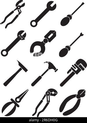 Set of 12 tools icons - black and white. Stock Vector