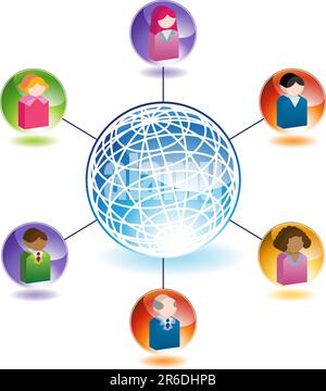 Image showing communication across the 3D globe between a diverse set of people. Stock Vector