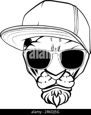 monochrome feline head with hat and sunglasses on white background Stock Vector