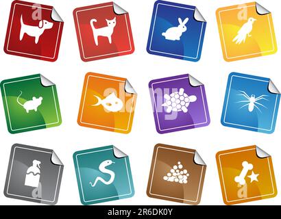 Set of 12 pet web buttons - sticker style. Stock Vector