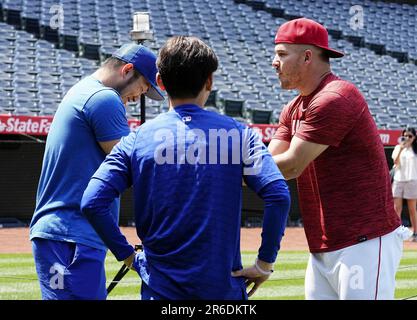 Chicago Cubs' Seiya Suzuki, left, is congratulated by first base coach Mike  Napoli after hitting a single against the San Francisco Giants during the  eighth inning of a baseball game in San