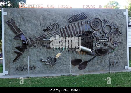 Elaborate MACINTYRE COD FOSSIL Sculpture by Angus Wilson on the Banks of the Macintyre River in Goondiwindi, Queensland Stock Photo