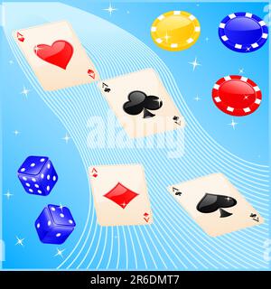 Vector illustration of casino elements: cards, chips and dice. Stock Vector