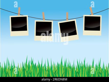 Vector illustration of empty polaroids hanging on a clothes line against a clear blue sky, with green grass in the foreground Stock Vector