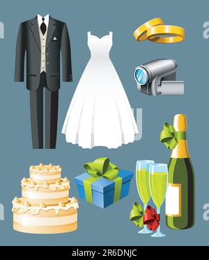Wedding icons - set of seven items Stock Vector