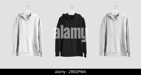 Mockup of white, black, heather long hoodie on hanger, sweatshirt with pocket, front view, isolated on background. Longsleeve template with a hood for Stock Photo