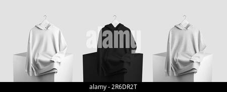 Mockup of white, black, heather hoodies on a hanger with clouds on a cube, front view, presentation of a sweatshirt isolated on a background. Template Stock Photo