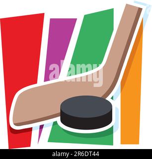 A hockey stick and puck on a stylized striped background Stock Vector