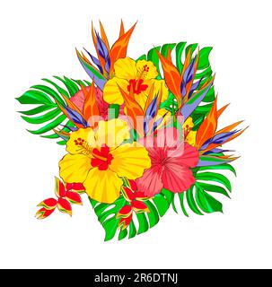 Tropical flowers and leaves bouquet. Hand drawing illustration, isolated on white background Stock Photo