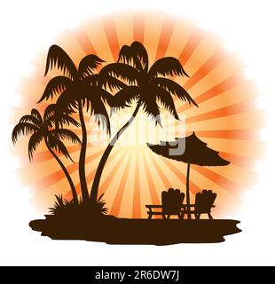 Summer landscape: sunset, palm, chairs and umbrella Stock Vector